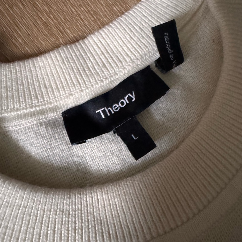 Theory Men's Wool White and Black Striped Crewneck Sweater - Picture 3 of 5